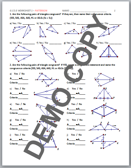 High School Geometry Common Core G.CO.B.8  Congruence Criteria  Activities  Patterson