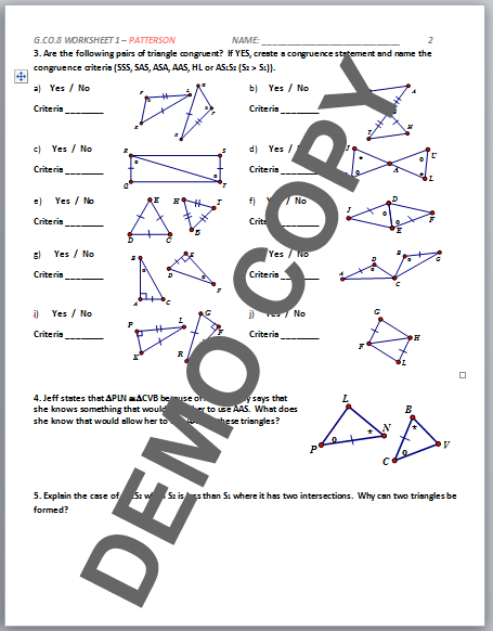 High School Geometry Common Core G.CO.B.8  Congruence Criteria  Activities  Patterson