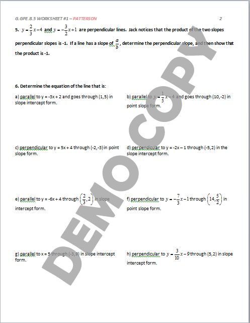 High School Geometry Common Core G GPE B 5 Parallel Perpendicular Lines Activities Patterson