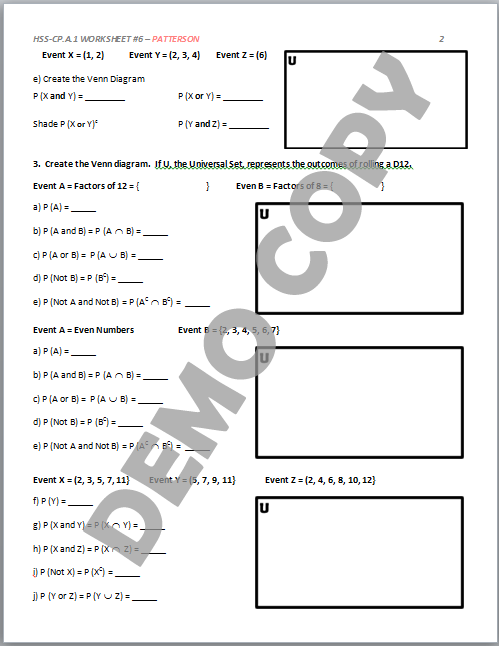 High School Geometry Common Core HSS CP A 1 Sample Spaces Venn Diagrams Activities Patterson